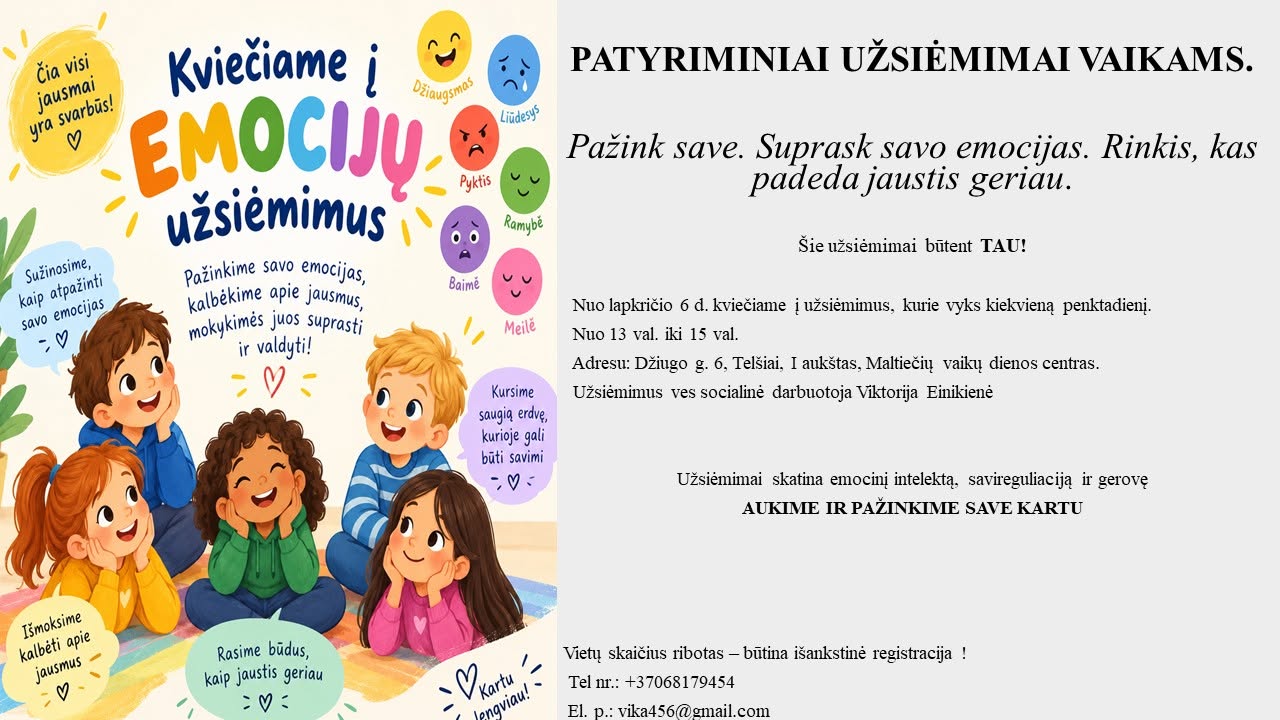 „Čia visi jausmai yra svarbūs“ (patyriminiai užsiėmimai vaikams)